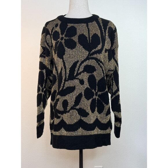 Vintage A. Jane Adams 80's Black & Gold Floral Knit Sweater Made In USA - Picture 3 of 8